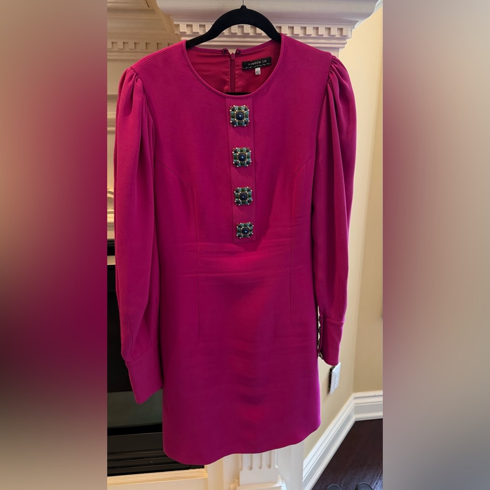 Women's Fuchsia Long-Sleeve Shift Dress with Decorative Gem Buttons